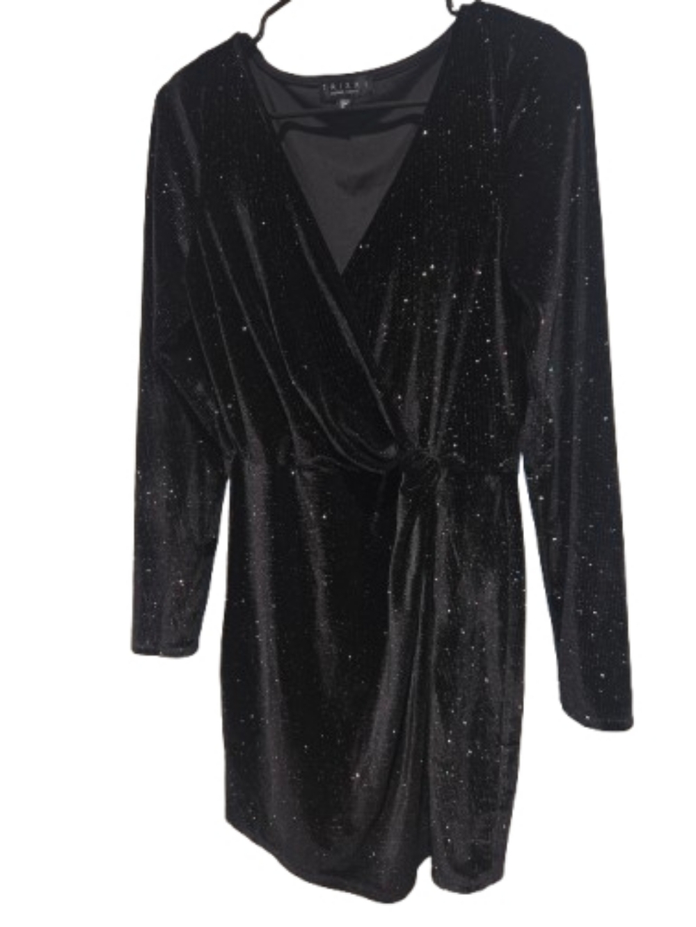 Trixxi Black Long Sleeve Velvet Wrap Dress with Sparkle